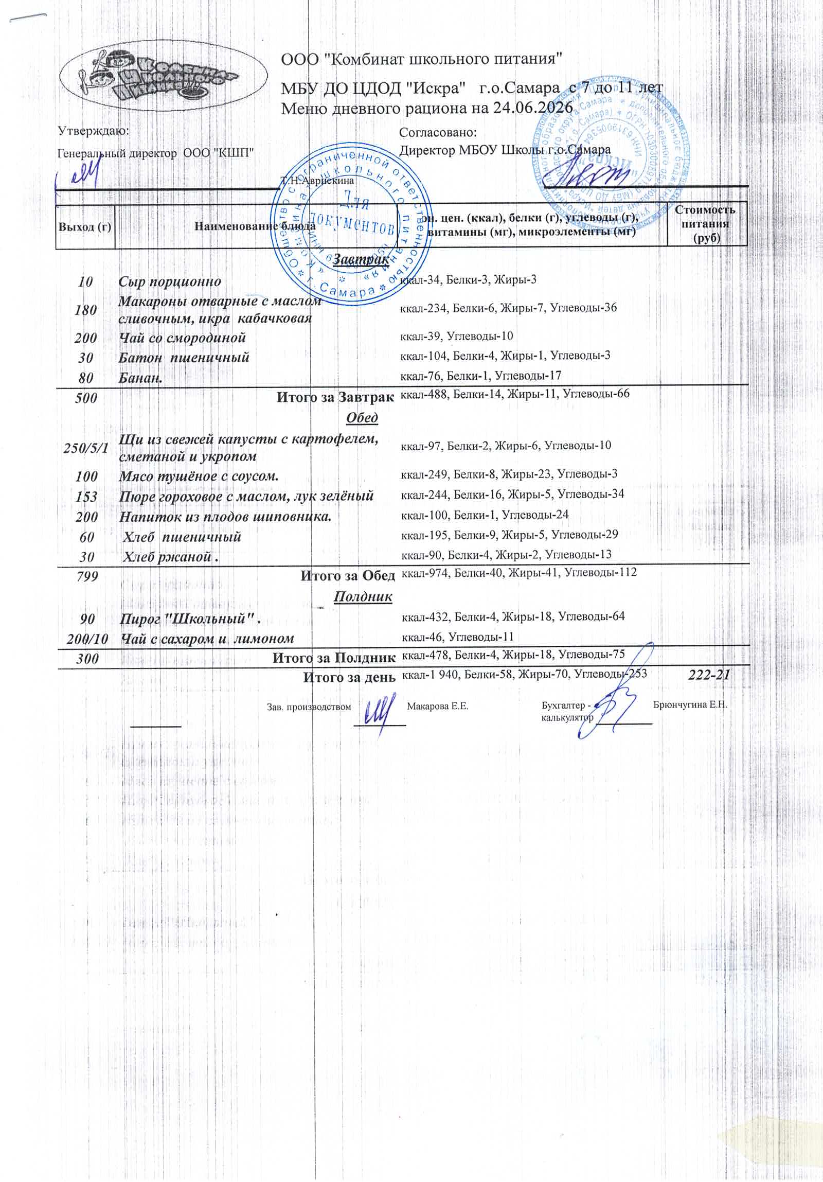 Меню на 24 июня